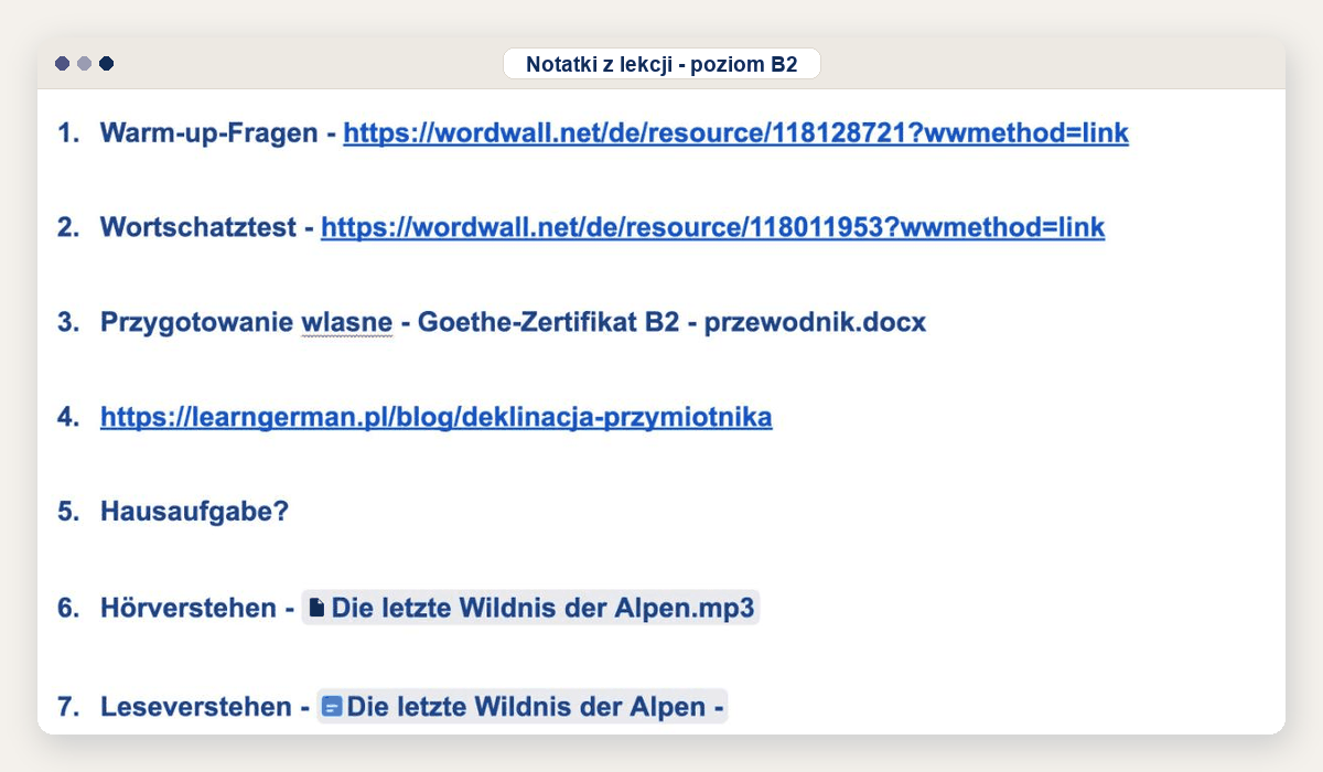 Plan jednych zajęć w dokumencie Google: pytania na rozgrzewkę, test ze słówek, materiał do słuchania i do czytania. Wszystko podlinkowane.