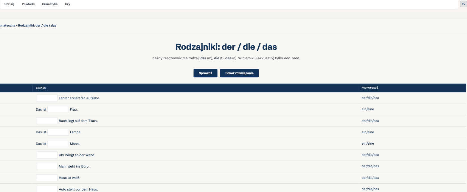 Przykładowe ćwiczenie gramatyczne na nauka.learngerman.pl